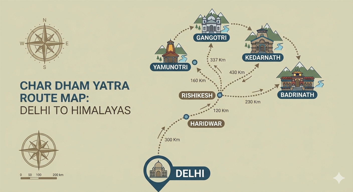 Route Map From Char Dham Yatra from Delhi