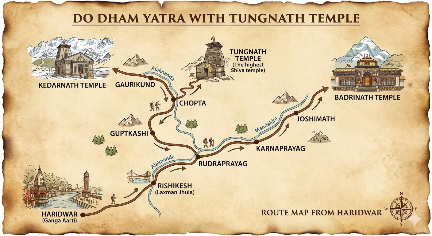 Route map of Do Dham Yatra with Tungnath Temple
